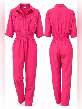 Vintage 1980s Ideas Hot Pink Fuchsia Utility Jumpsuit Cotton Retro Large
